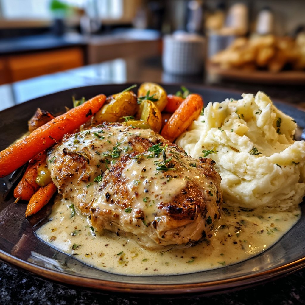 Cremiges Kräuterhühnchen mit Kartoffelpüree und geröstetem Wurzelgemüse
