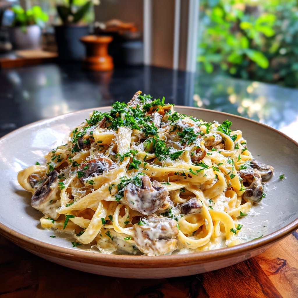 Cremige Knoblauch-Pilz-Fettuccine