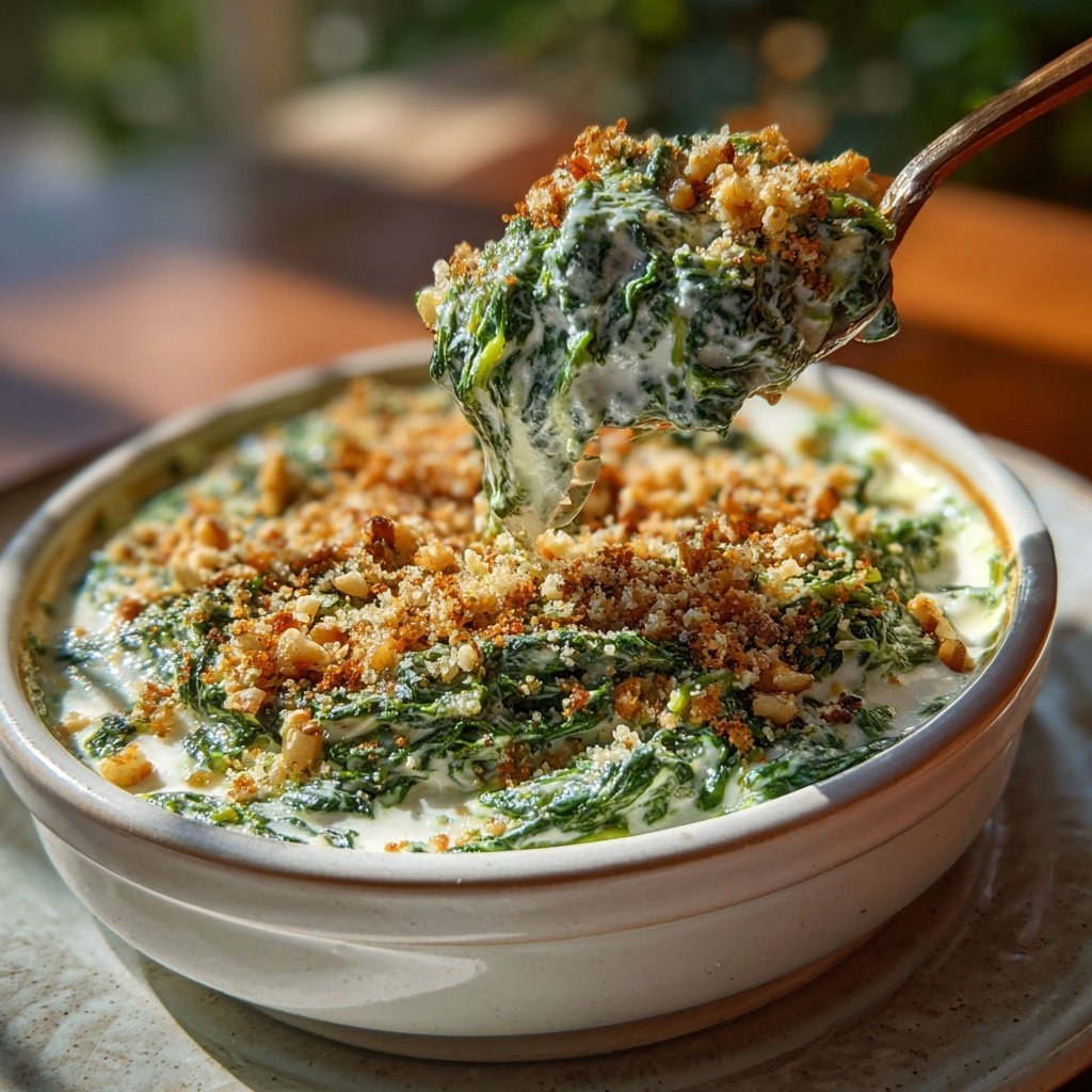 Cremiger Spinat mit Muskatnuss Topping