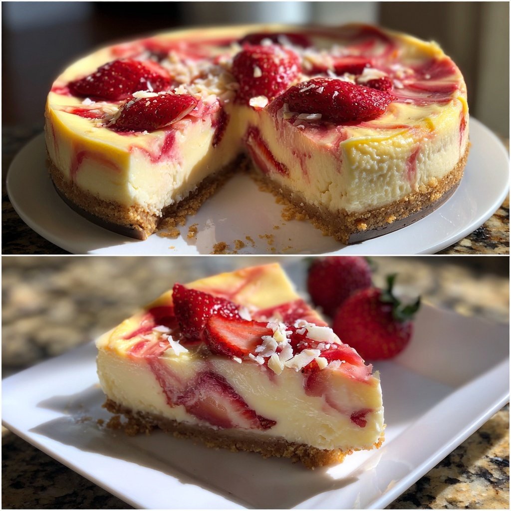 Tropischer Kokosnuss-Erdbeer-Käsekuchen